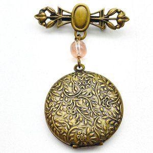 Floral Vine Locket Dangle Pin Antique Gold Tone Pink Bead Classic Career Cosplay